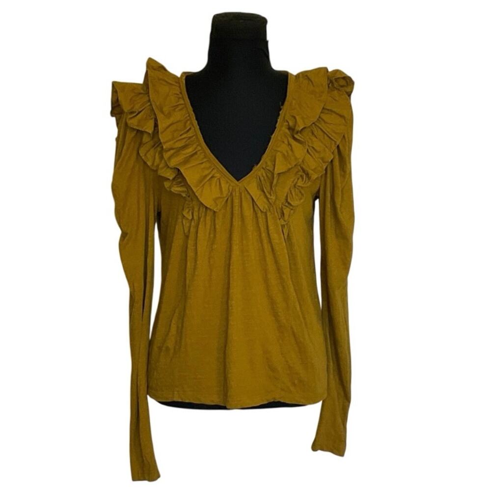 Anthropologie Top Womens Small Mustard Yellow Cotton Ruffle V Neck Long Sleeve - Picture 2 of 10